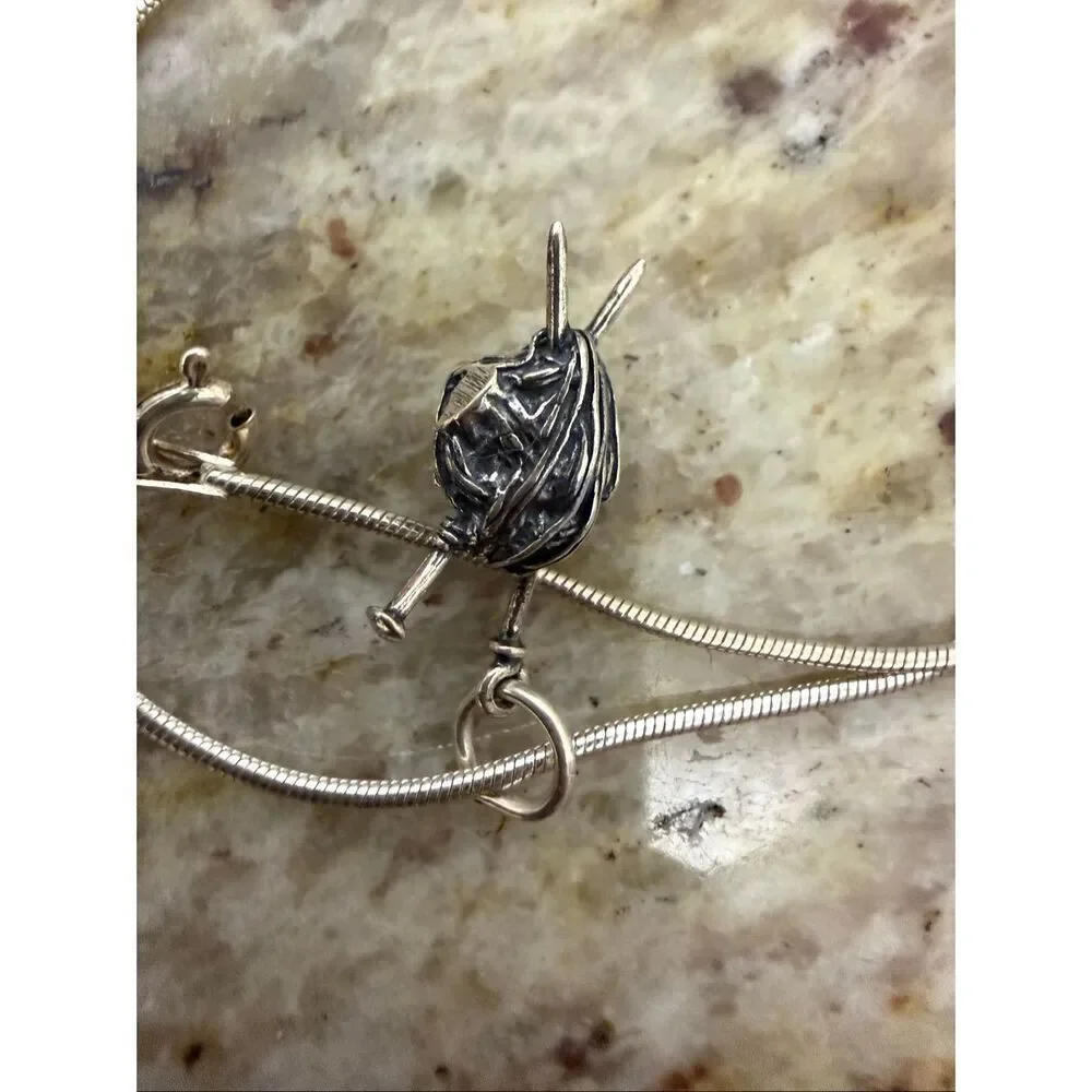 Sterling Silver Yarn Ball Knitting Pendant Necklace 8g Handmade Artisan